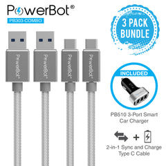 PowerBot® PB303 3-Pack Car Kit Bundle Two 4 Ft USB 3.1 Type-C to USB 3.0 Type A Braided Nylon Cable w/ One PB510 Car Charger - SoundBot
