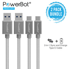 PowerBot® PB303 Data Sync Charge Cable 2-Pack 4 Feet 1.2 Meter 5Gbps High-Speed USB 3.1 Type-C to USB 3.0 Type-A Braided Nylon 2.4A Cable w/ Aluminum Connector for MacBook, Google Nexus 5X 6P, LG G5, Microsoft Lumia 950, HTC - SoundBot