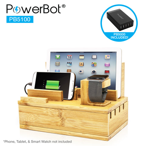 (upgrade) PowerBot® PB5100 Bamboo Multi Charging Station w/ Black 5 Ports USB Desktop Charger