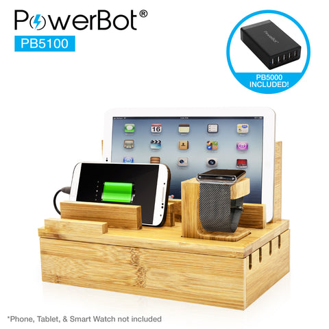 PowerBot® PB5100 Bamboo Multi Charging Station w/ Black 5 Ports USB Desktop Charger