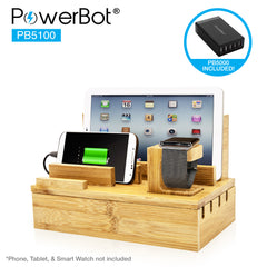 PowerBot® PB5100 Bamboo Multi Charging Station w/ Black 5 Ports USB Desktop Charger - SoundBot
