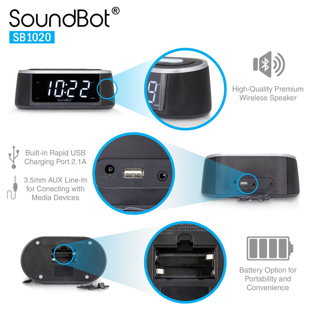 Soundbot Bluetooth SoundBot® SB1020 Bluetooth Speaker, FM RADIO, Alarm Clock,USB Charging ...