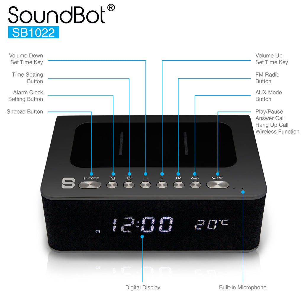 Soundbot Bluetooth SoundBot® SB1022 FM RADIO Alarm Clock Charging Station With Bluetooth ...