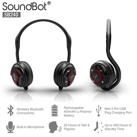 SoundBot® SB240 Red Bluetooth Headphone Wireless Headset for Music Str ...