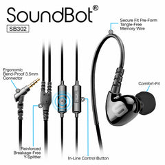 SoundBot® SB302 Secure Fit Sports Active Earphone w/ Memory Frame & Human Engineering Design - SoundBot