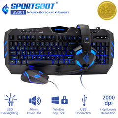 SportsBot® SS301 Blue LED Gaming Over-Ear Headset Headphone, Keyboard & Mouse Combo Set